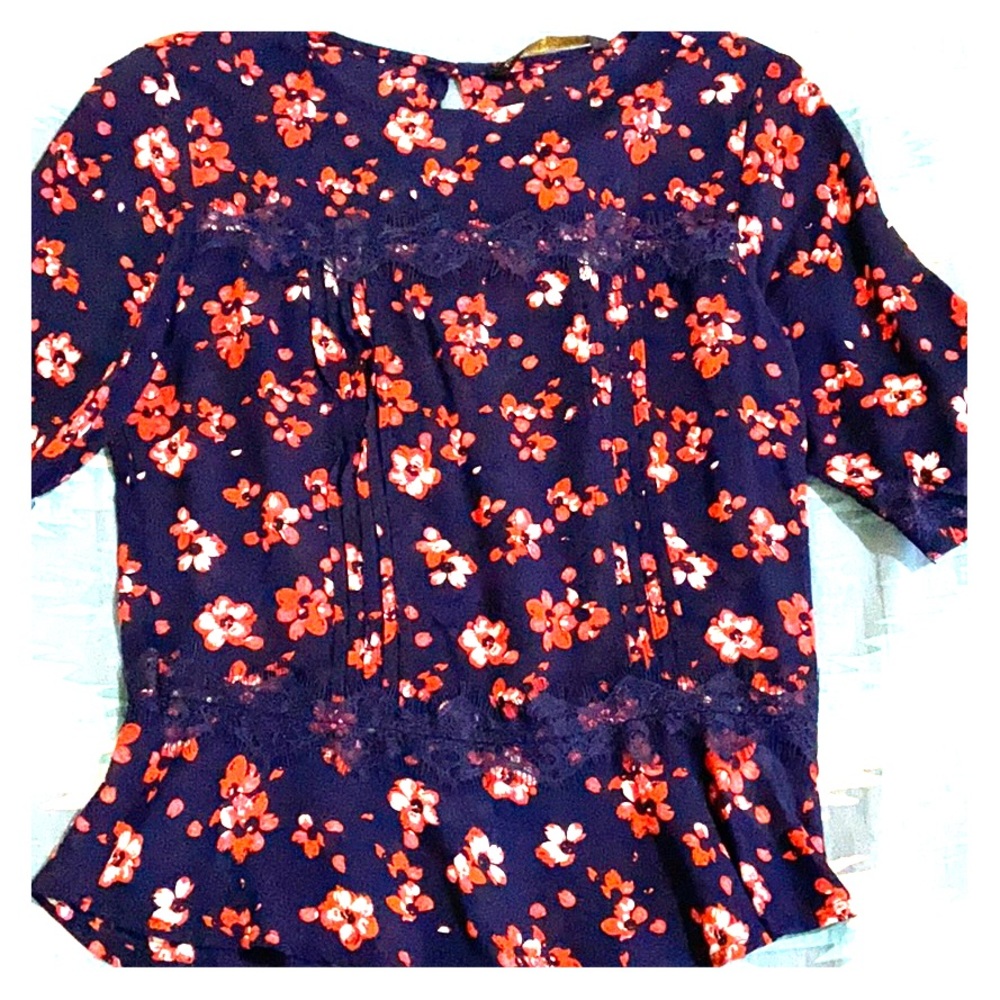 Blouse-Navy blue with red-orange flowers